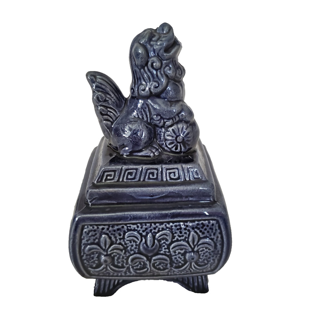 Chinese Ceramic Blue FOO DOG Incense Burner 4.25" Japan Vintage Smoke Released